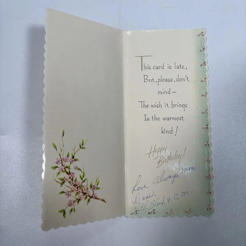 Vintage Golden Lustre Belated Birthday Greeting Card Scalloped Edge MCM Decor